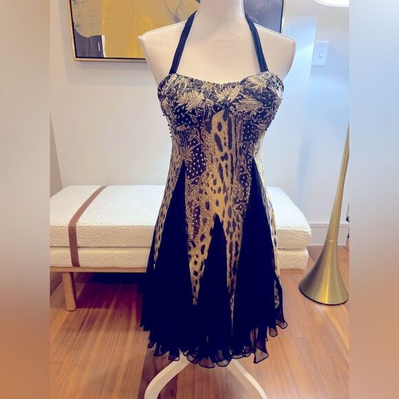 Sean Couture vintage Elegant Black and Gold cocktail Halter Dress size Small - Picture 1 of 10